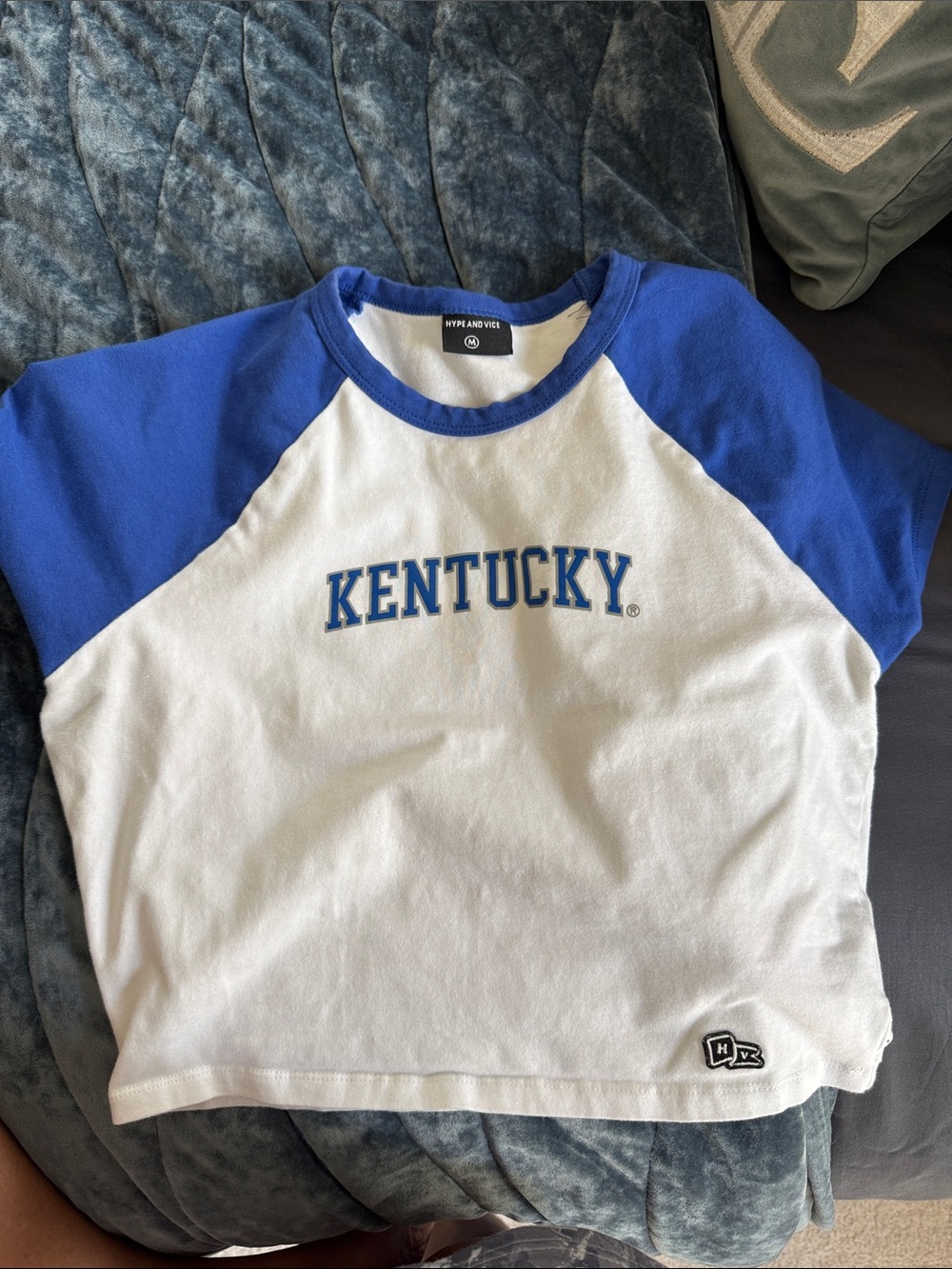 Women’s Hype and Vice Raglan Tee with Kentucky Chest Logo in White and Blue